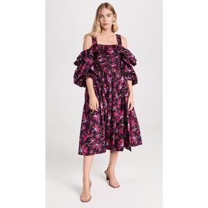 New ULLA JOHNSON Cold-shoulder ruffled floral-print cotton-poplin midi dress 16